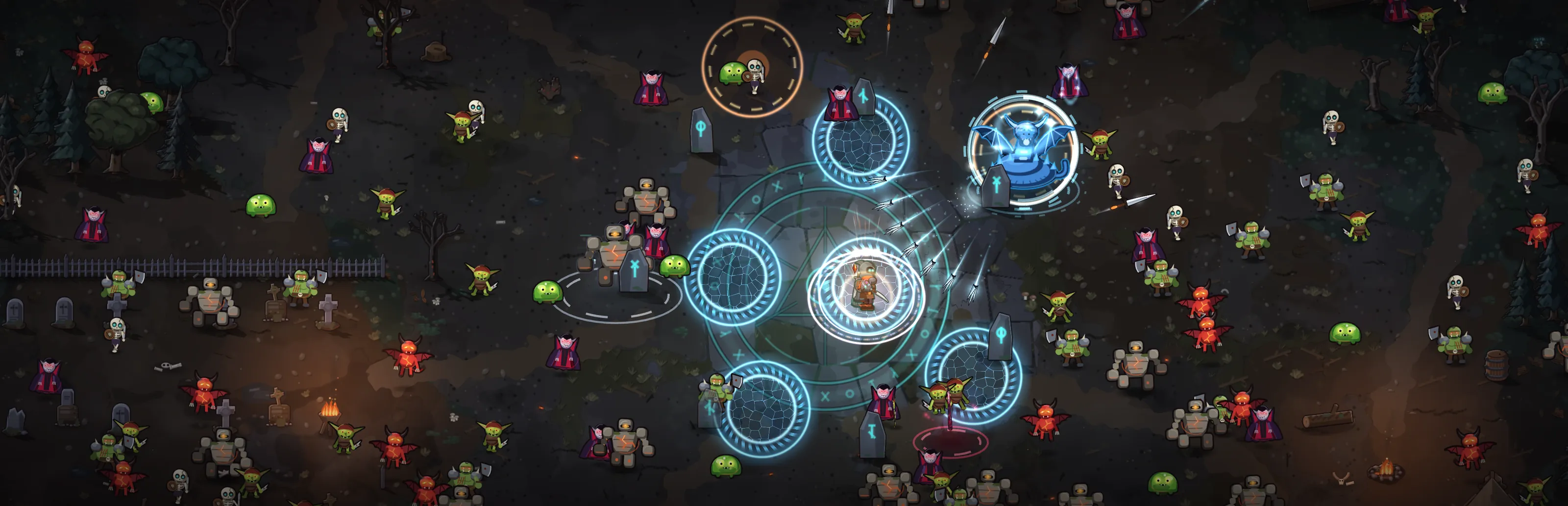 Gameplay art: a hooded hunter in a glowing rune circle, surrounded by frost novas, flying knives and a horde of goblins, skeletons and demons.