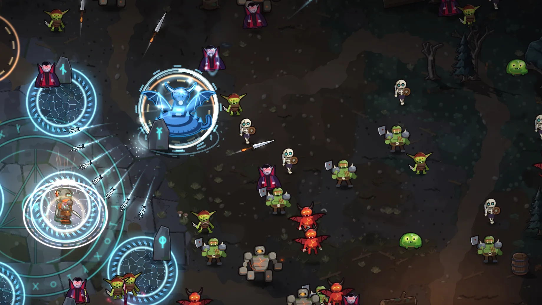 A Serpe Glacial no meio da horda, com seu anel de magia brilhando, enquanto o herói reage com gelo e facas.